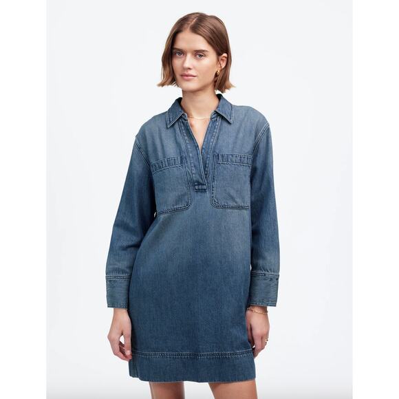 Madewell Popover Mini Dress Airy Denim Long Sleeve Blue Croswell Wash XXS NWT - Picture 1 of 15